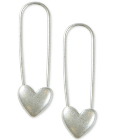 Shop Lucky Brand Gold-tone Heart Safety Pin Drop Earrings In Silver