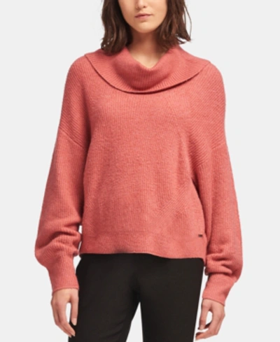 Shop Dkny Cowlneck Ribbed Knit Sweater In Dark Pink