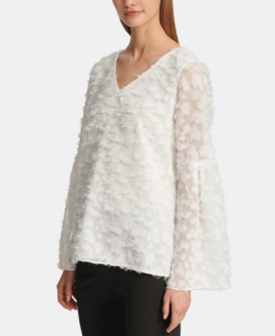 Shop Dkny Feathered-finish Bell-sleeve Top In Ivory