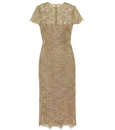 Shop Valentino Floral Lace Midi Dress In Gold