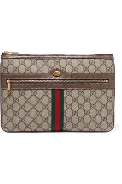 Shop Gucci Ophidia Medium Textured Leather-trimmed Printed Coated-canvas Pouch In Brown