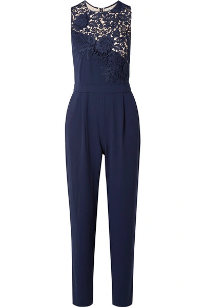 Shop Alice And Olivia Jeri Guipure Lace And Crepe Jumpsuit In Navy