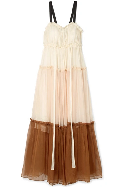 Shop Lee Mathews Celia Grosgrain-trimmed Ruffled Silk-crepon Maxi Dress In Ivory