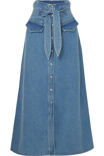 Shop Nanushka Alma Belted Denim Midi Skirt In Mid Denim