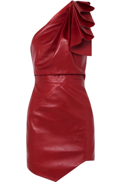 Shop Alexandre Vauthier One-shoulder Leather Mini Dress In Red