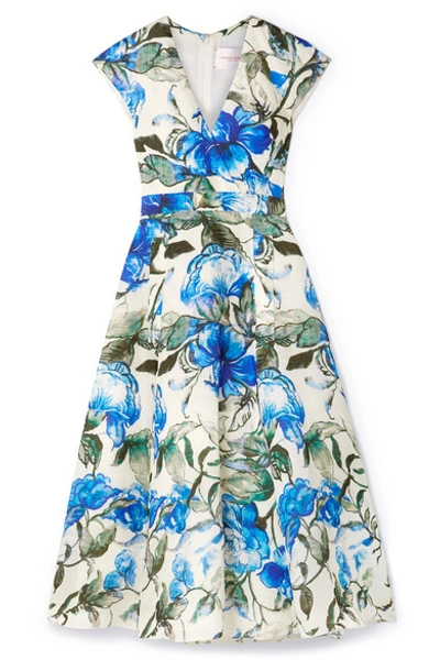 Shop Carolina Herrera Floral-print Silk Crepe De Chine Midi Dress In Blue