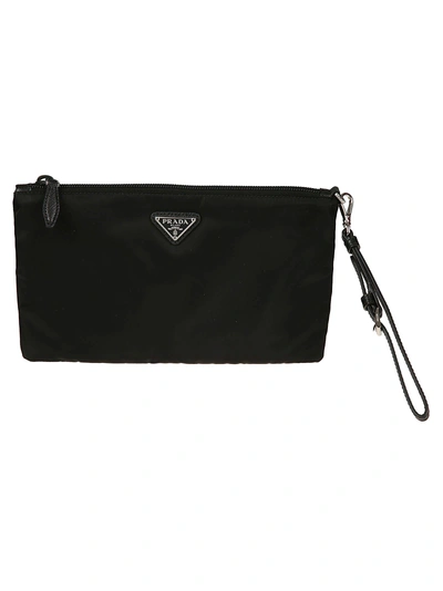 Shop Prada Logo Plaque Clutch In Black