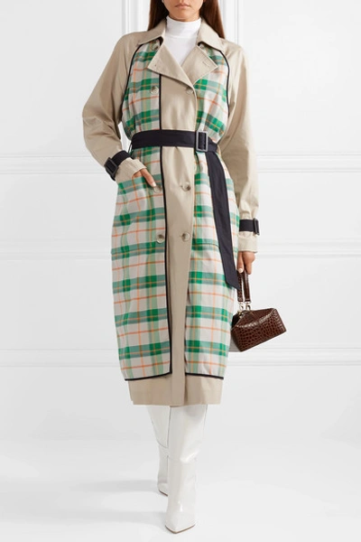 Shop Tibi Hani Convertible Check-paneled Cotton-twill Trench Coat In Beige