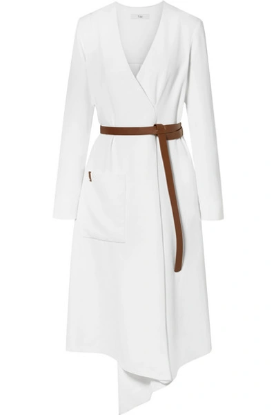 Shop Tibi Leather-trimmed Wrap-effect Draped Crepe Midi Dress In White