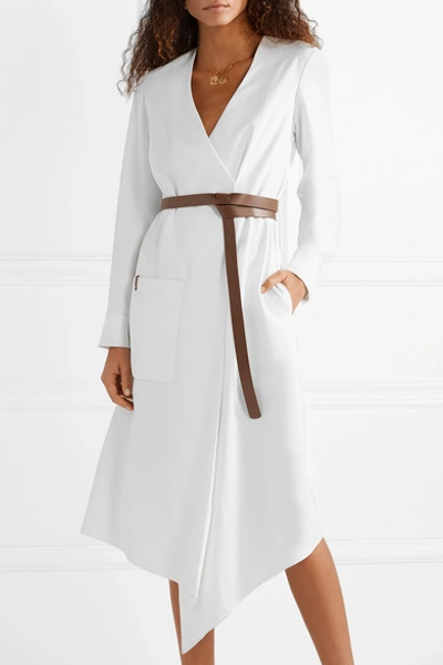 Shop Tibi Leather-trimmed Wrap-effect Draped Crepe Midi Dress In White