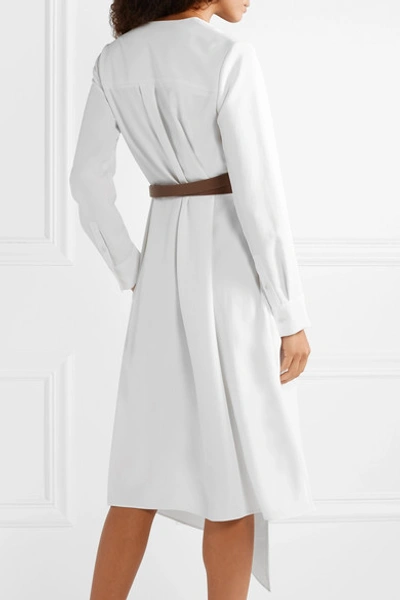 Shop Tibi Leather-trimmed Wrap-effect Draped Crepe Midi Dress In White