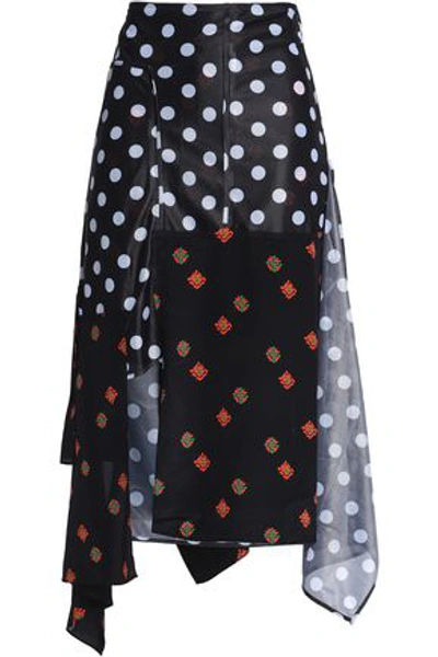 Shop Jw Anderson Asymmetric Floral-print Jersey-paneled Polka-dot Gazar Midi Skirt In Black