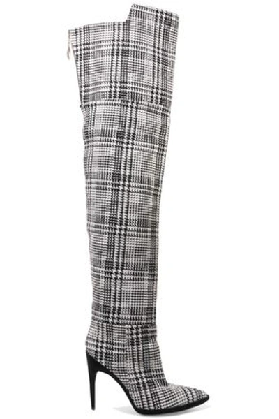 Shop Off-white ™ Woman Velvet-trimmed Checked Knitted Over-the-knee Boots Black
