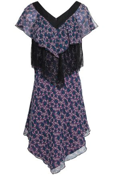 Shop Anna Sui Woman Chantilly Lace-paneled Floral-print Silk-gauze Dress Purple