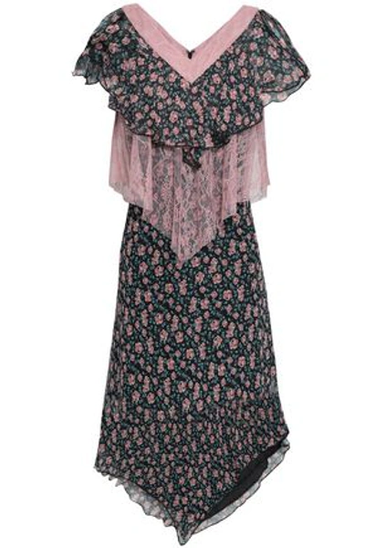 Shop Anna Sui Chantilly Lace-paneled Floral-print Silk-gauze Dress In Black