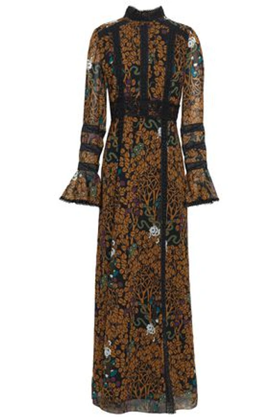Shop Anna Sui Lace-trimmed Printed Chiffon Maxi Dress In Light Brown