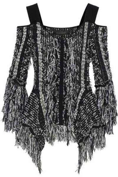 Shop Roland Mouret Woman Burley Cold-shoulder Frayed Tweed Top Black