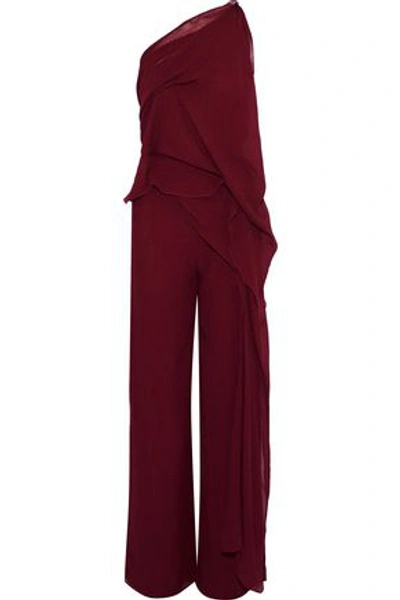 Shop Roland Mouret Woman Nettleton Draped One-shoulder Silk-crepon Jumpsuit Claret
