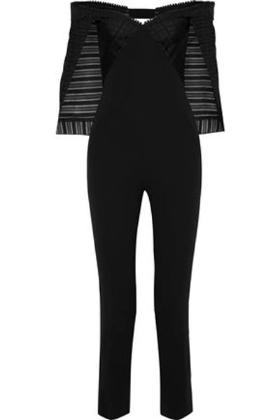 Shop Roland Mouret Woman Brayton Off-the-shoulder Striped Organza And Crepe Jumpsuit Black