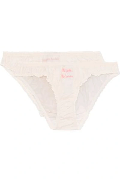 Shop Stella Mccartney Woman Set Of Two Embroidered Cotton And Silk-blend Poplin Low-rise Briefs Ecru