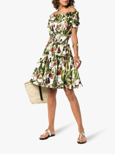 Shop Dolce & Gabbana Fig Print Off-the-shoulder Cotton Dress In Green