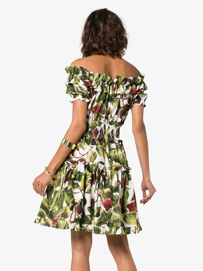 Shop Dolce & Gabbana Fig Print Off-the-shoulder Cotton Dress In Green