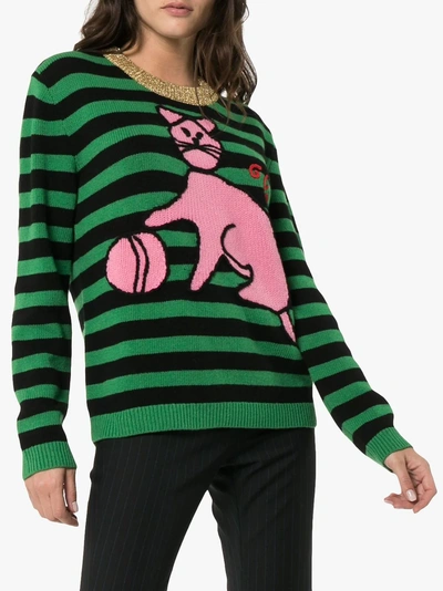 Shop Gucci Cat And Baseball Stripe Wool Jumper In Green