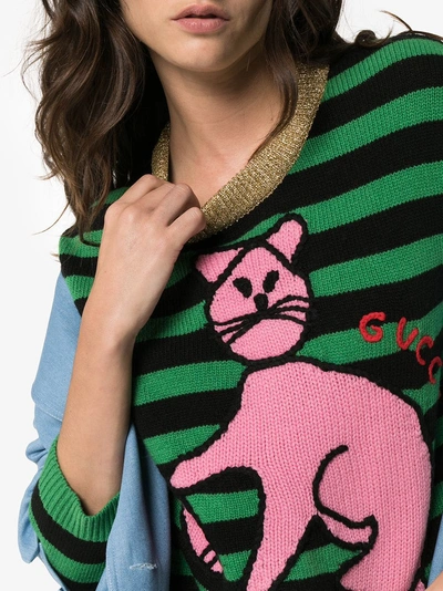 Shop Gucci Cat And Baseball Stripe Wool Jumper In Green