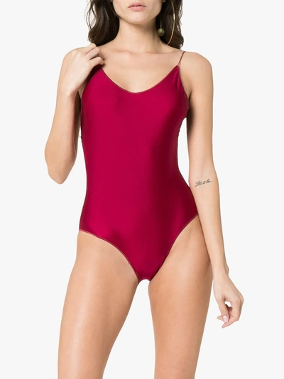 Shop Oseree Travaille Lace Trim Swimsuit In Red