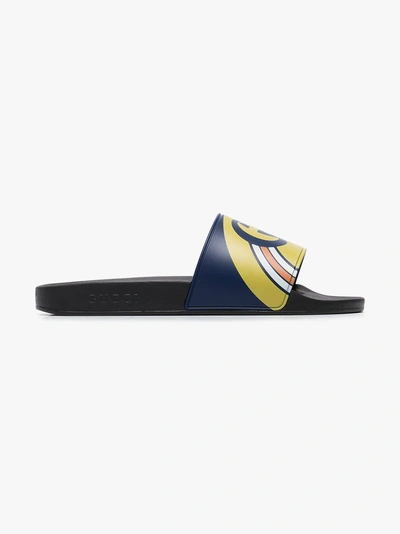 Shop Gucci Navy Blue And Black  Pursuit Logo Slides In Electric Blue/black