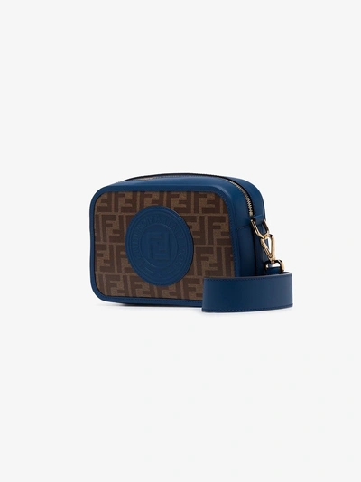 Shop Fendi Navy Blue And Brown Zucca Print Contrast Trim Leather Cross Body Bag