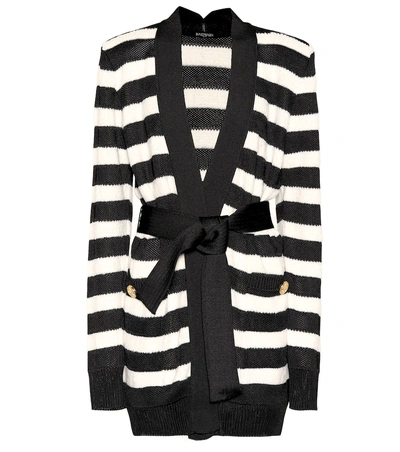 Shop Balmain Striped Knitted Cardigan In Black