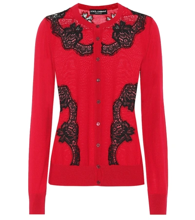 Shop Dolce & Gabbana Lace-trimmed Wool-blend Cardigan In Red