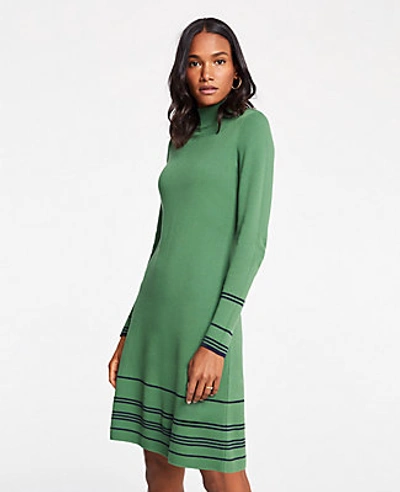 Shop Ann Taylor Stripe Button Turtleneck Sweater Dress In Fresh Willow