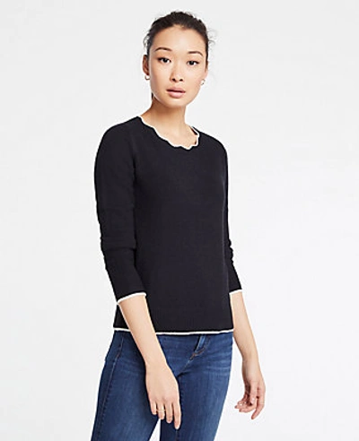 Shop Ann Taylor Scalloped Tipped Sweater In Black