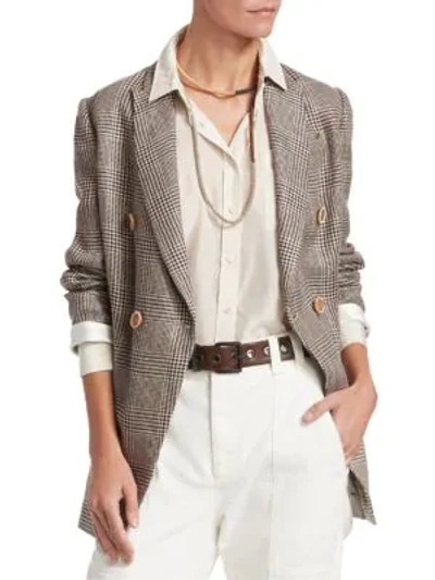 Shop Brunello Cucinelli Linen Prince Of Wales Check Blazer In Multi