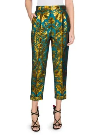 Shop Dolce & Gabbana Jacquard Metallic Floral Cropped Pants In Gold Blue