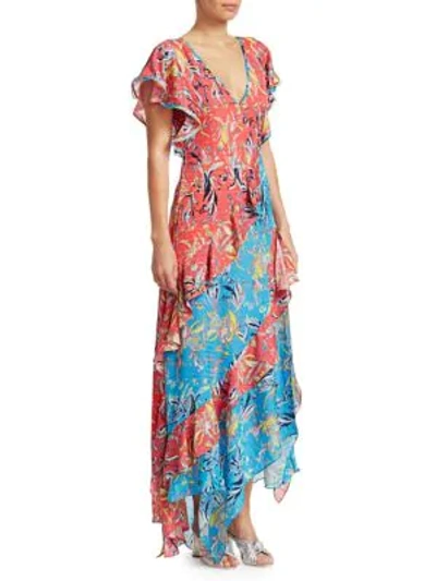 Shop Tanya Taylor Iliana Silk Two-tone Print Tiered Dress In Botanical Floral Guava