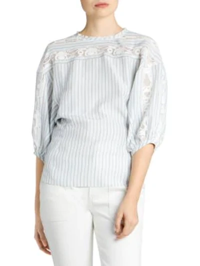 Shop Chloé Striped Silk Lace Poplin Blouse In Beige Blue