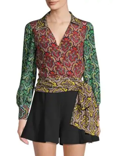 Shop Alice And Olivia Omega Paisley Wrapped Blouse In Small Crest Tile Black Bright Poppy