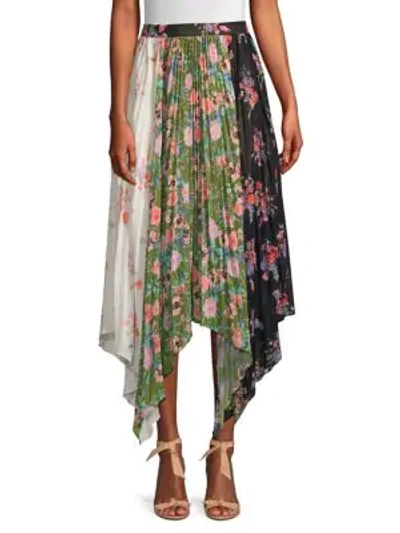 Shop Amur Mica Floral Pleated Patchwork Handkerchief Midi Skirt In White Green