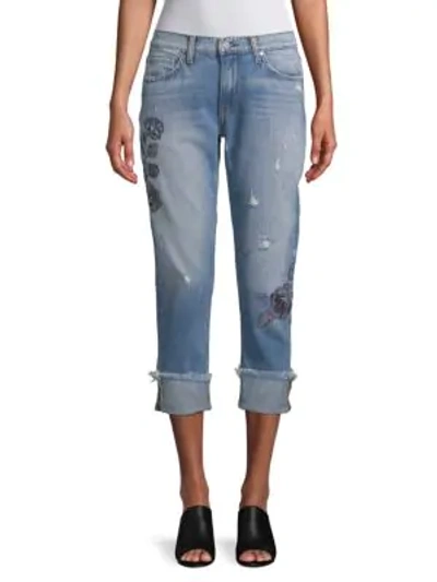 Shop Ei8ht Dreams Embroidered Folded-cuff Jeans In Light Blue
