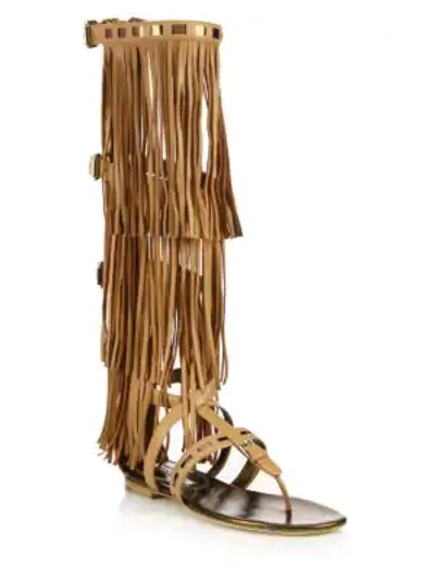 Shop Brian Atwood Adriana Fringed Leather Flat Sandals In Camel