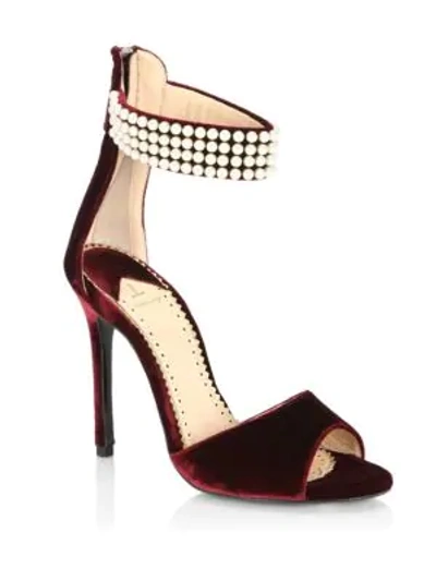 Shop Louis Leeman Embellished Open Toe Velvet Sandals In Burgundy
