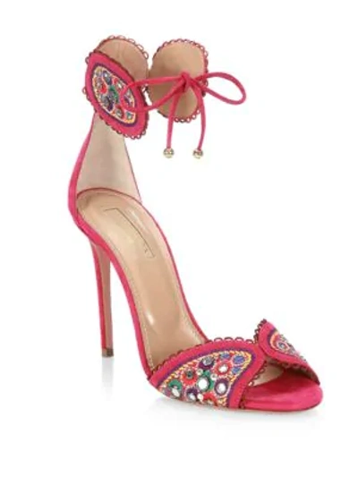 Shop Aquazzura Jaipur Suede Ankle-strap Sandals In Azalea Pink
