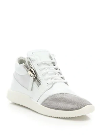 Shop Giuseppe Zanotti Leather & Mesh Side-zip Sneakers In White