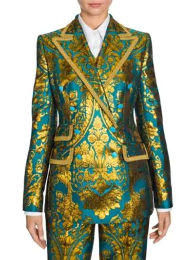 Shop Dolce & Gabbana Women's Jacquard Metallic Double-breasted Structure Jacket In Gold Blue