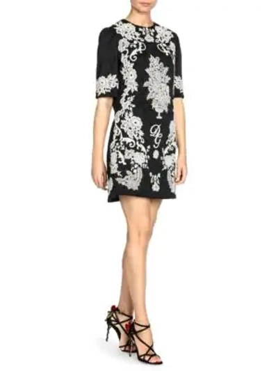 Shop Dolce & Gabbana Textured Floral Embroidery Mini Dress In Black White