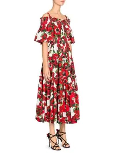 Shop Dolce & Gabbana Smocked Cold-shoulder Midi Fit-and-flare Dress In Red Floral