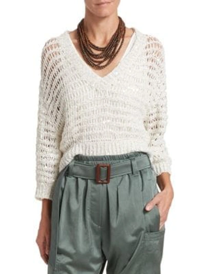 Shop Brunello Cucinelli Cropped Paillette Knit V-neck Sweater In White